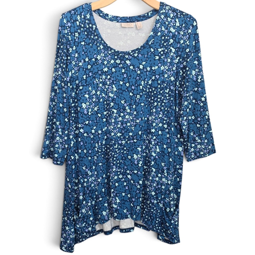 LOGO by Lori Goldstein Womens Top Large L Blue Floral Tunic Scoop Neck 3/4 Sleev